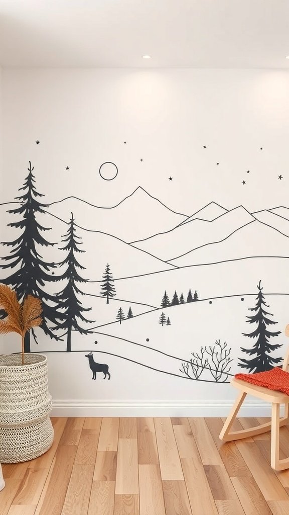 Mural minimalista en blanco y negro que representa un paisaje con montañas, árboles y un ciervo.