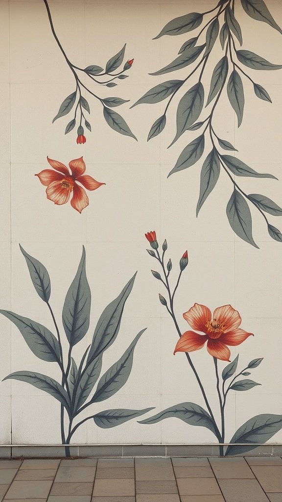 Mural minimalista con flores y hojas en tonos suaves