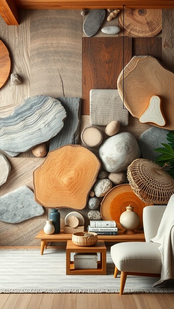 Mural con texturas naturales de madera y piedras en un ambiente acogedor.