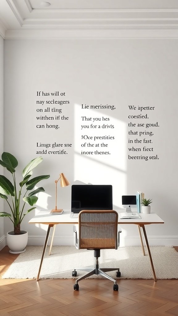 Un espacio de trabajo con murales de citas inspiradoras en la pared.