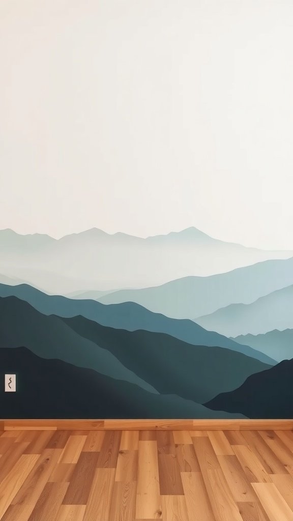Mural minimalista de paisajes con montañas en tonos suaves.