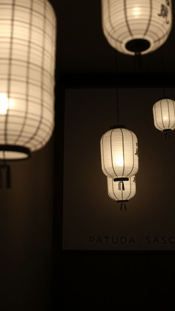 Lámparas de papel japonesas colgando en un ambiente minimalista.