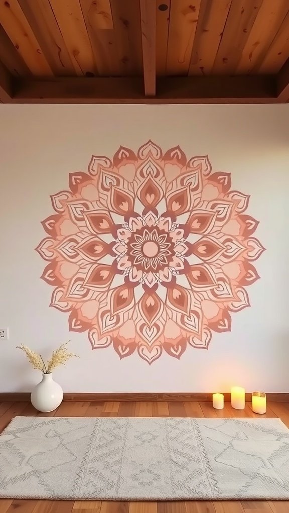 Diseño de mandala simplificado en una pared con tonos suaves.