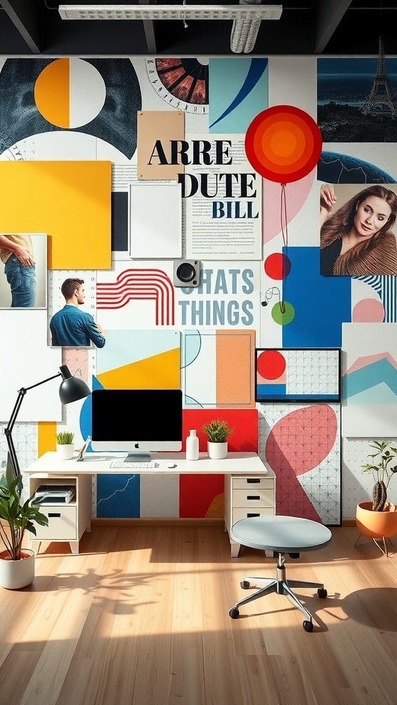 Mural de collage digital colorido en una oficina moderna.