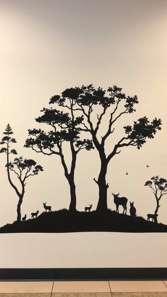 Arte de siluetas de árboles y animales en una pared