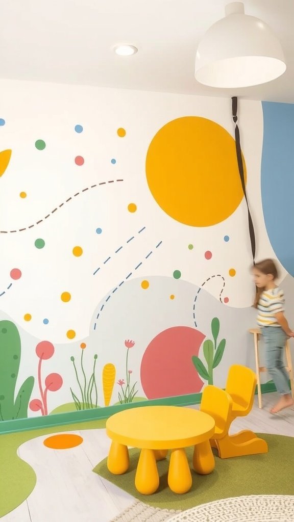 Mural colorido con puntos y líneas en una habitación infantil