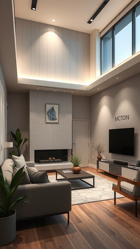 Sala de estar con luz de acento en elementos arquitectónicos.