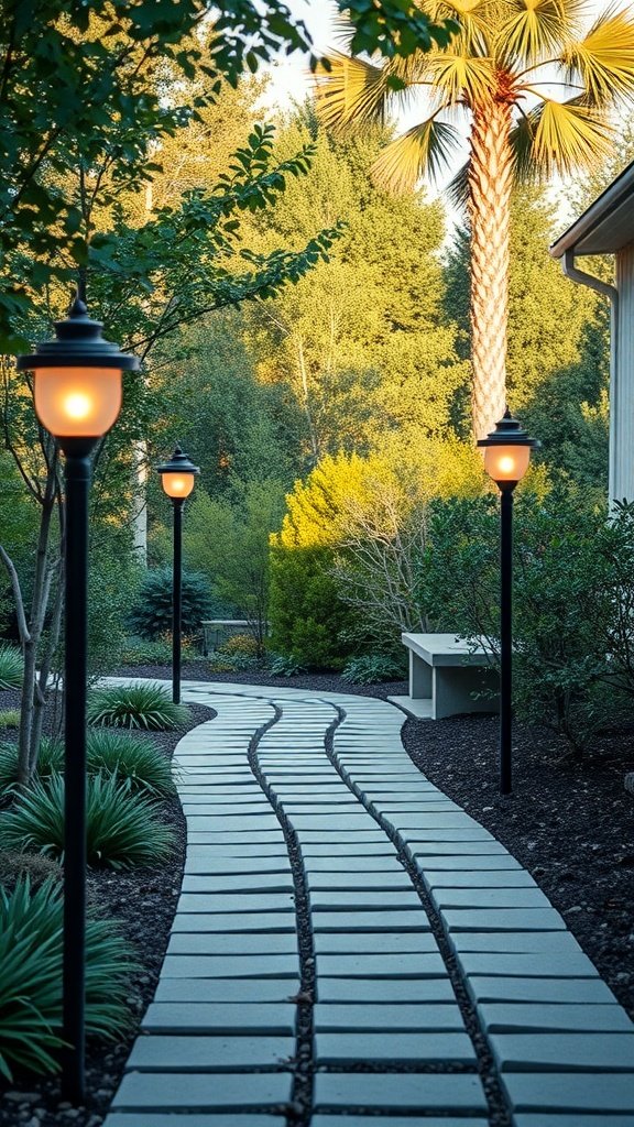 Camino iluminado con luces solares en un jardín