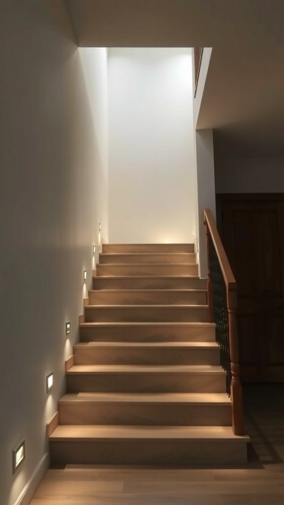 Escalera iluminada con luces empotradas en las paredes.