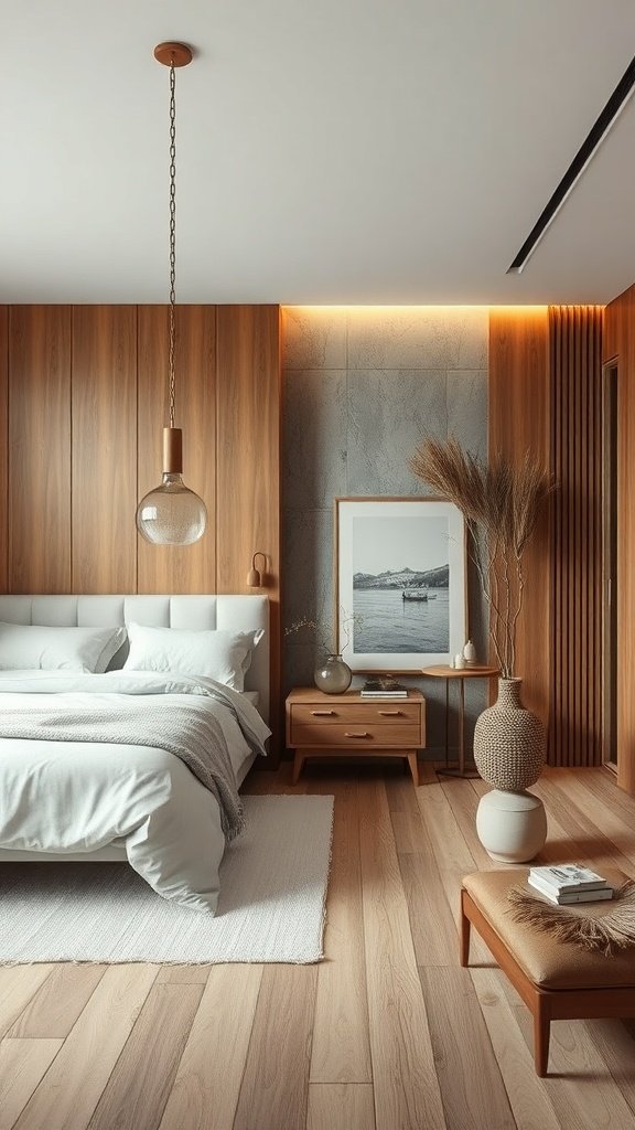 Dormitorio minimalista con texturas naturales en madera y tejidos suaves.