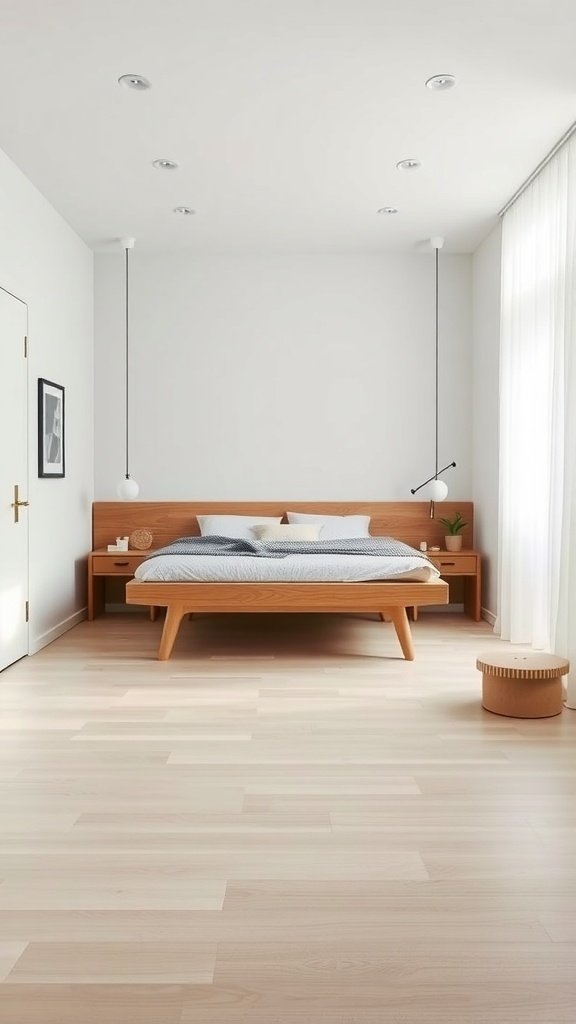 Dormitorio minimalista moderno con cama elevada y espacio libre