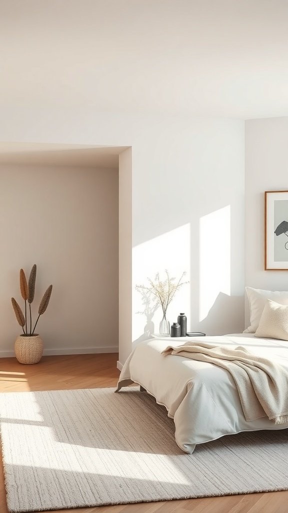 Dormitorio minimalista moderno con paleta de colores neutros, luz natural y decoración sencilla.
