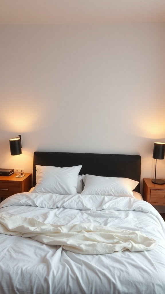 Dormitorio minimalista con iluminación suave y acogedora.