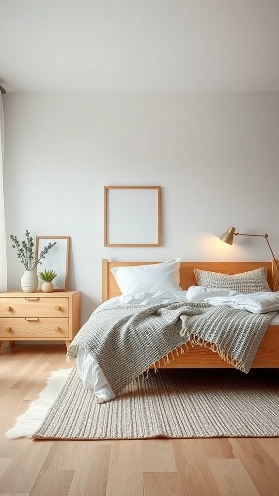 Dormitorio minimalista de estilo escandinavo con muebles de madera clara y decoración sencilla.