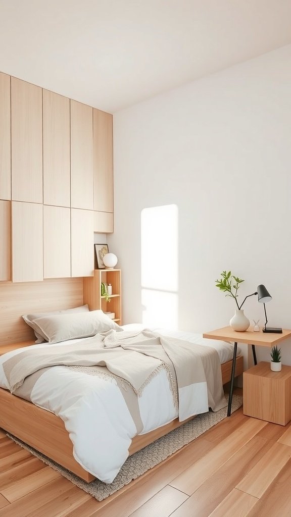 Dormitorio minimalista moderno con muebles de madera clara y diseño funcional.
