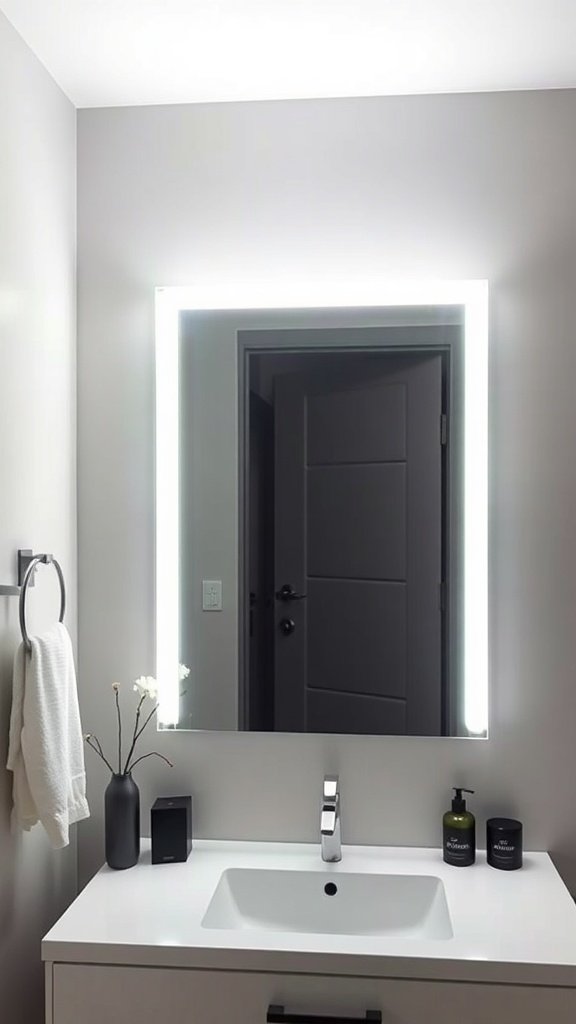 Espejo iluminado con luces LED en un baño minimalista.