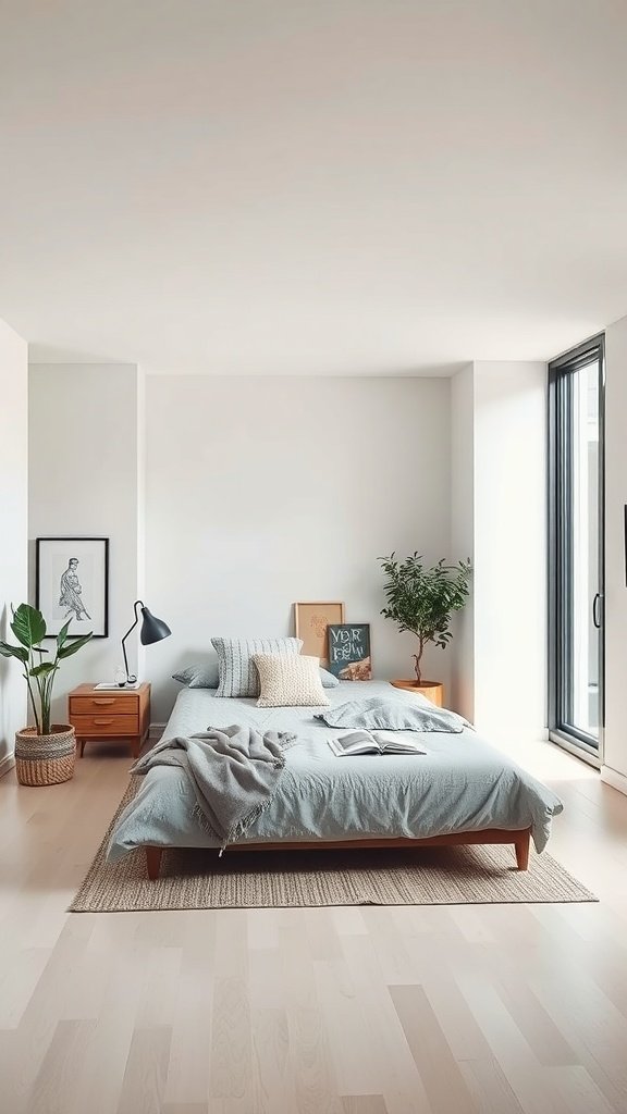 Dormitorio minimalista moderno con diseño de espacio abierto, cama sencilla, plantas y luz natural.