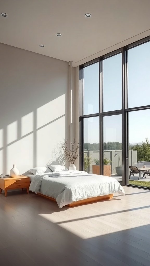 Dormitorio minimalista moderno con grandes ventanas que permiten la entrada de luz natural.