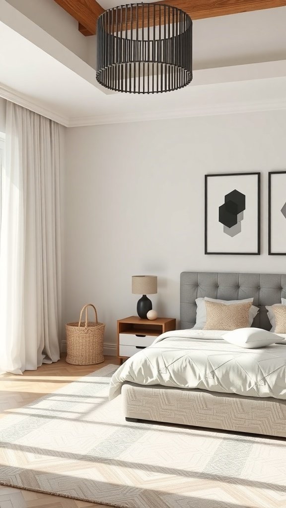 Dormitorio minimalista moderno con elementos de diseño geométrico.