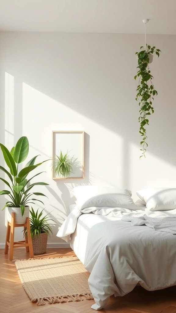Dormitorio minimalista con plantas de interior