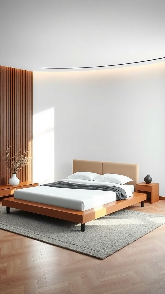 Cama de plataforma baja en un dormitorio minimalista moderno