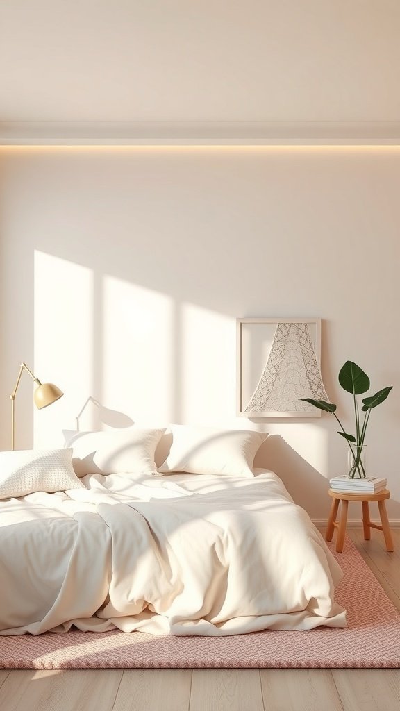 Dormitorio minimalista con decoración en colores pastel, luz natural y una atmósfera acogedora.