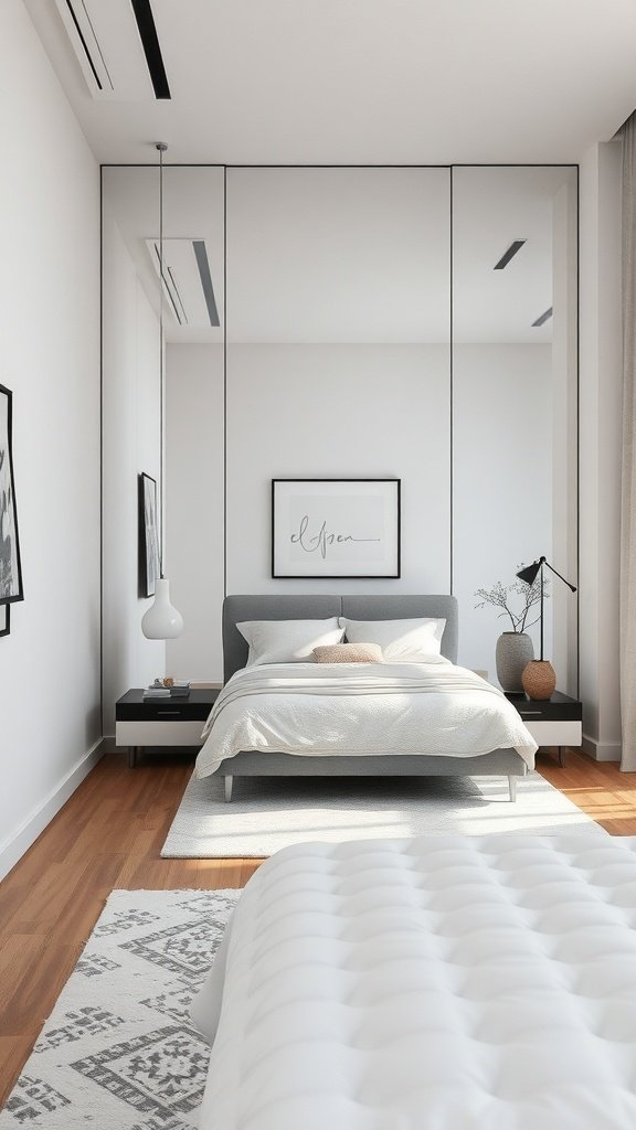 Dormitorio minimalista moderno con espejos que amplían el espacio.