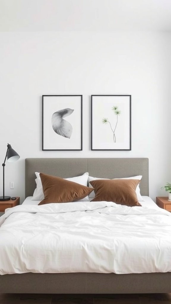 Dormitorio minimalista con arte en las paredes