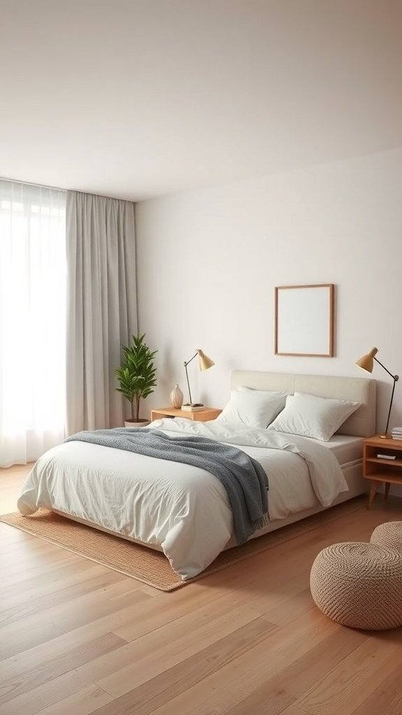 Dormitorio minimalista moderno con pisos de madera clara.