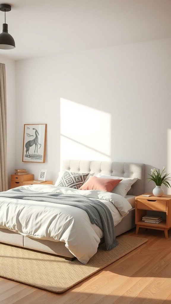 Dormitorio minimalista moderno con esquinas redondeadas y decoración suave.
