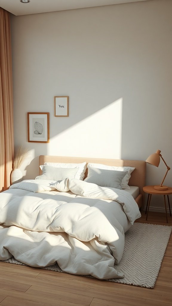 Dormitorio minimalista moderno con textiles ligeros y aireados