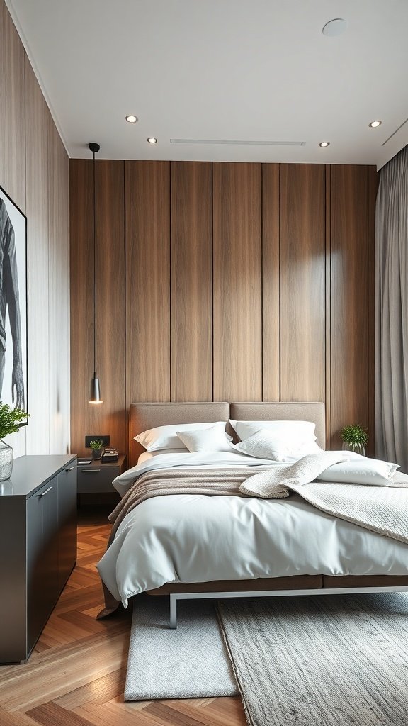 Dormitorio minimalista moderno con detalles en acero inoxidable.