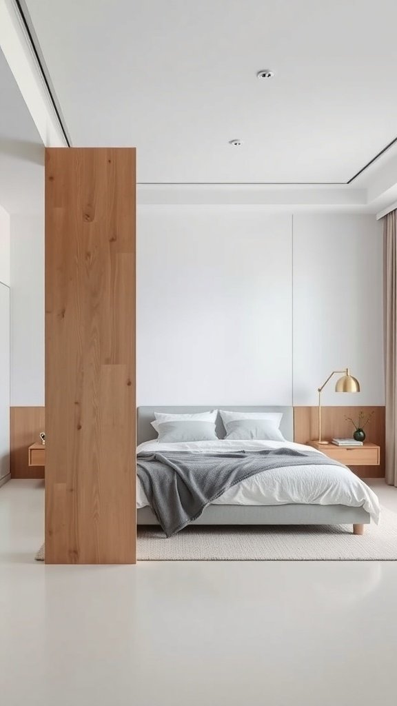 Dormitorio minimalista moderno con separador de madera