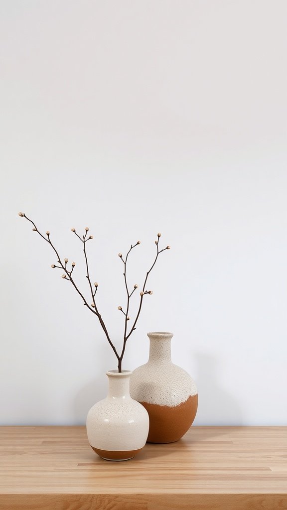 Lámparas de cerámica artesanal en una mesa de madera