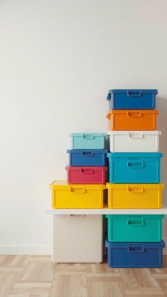 Cajas de almacenamiento apilables de diferentes colores en una pared blanca.