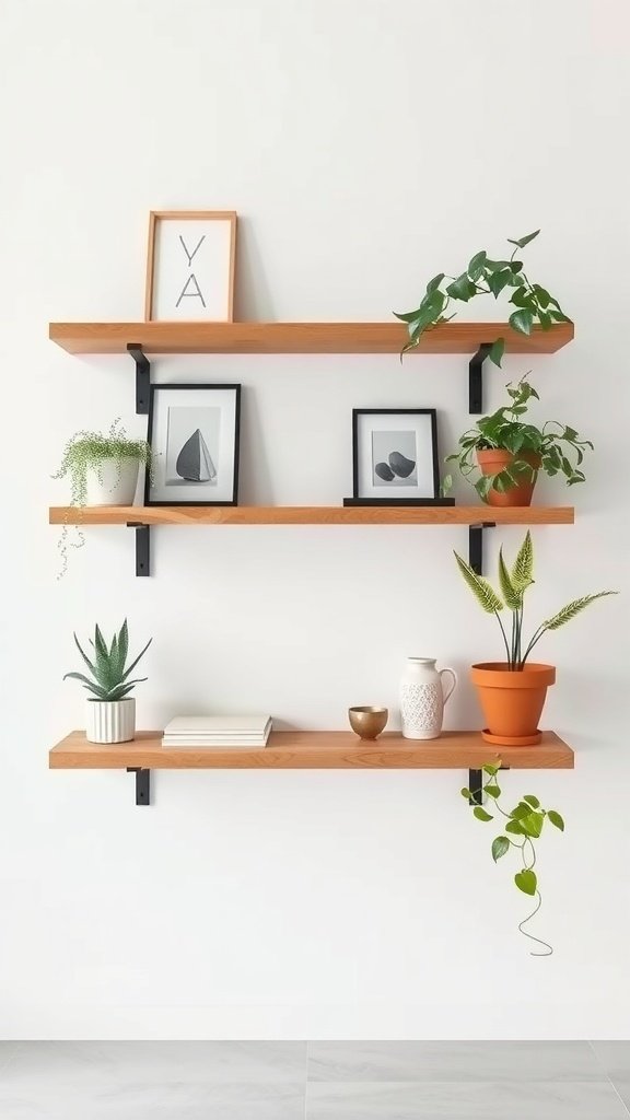 Estanterías flotantes de madera con plantas y cuadros decorativos.