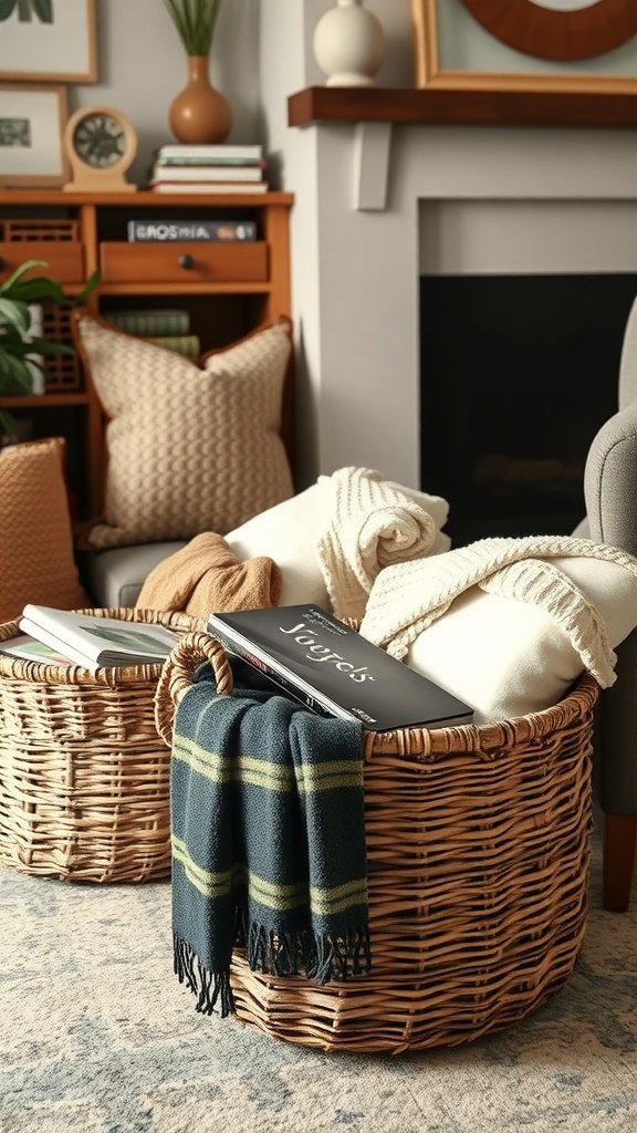 Cestas de mimbre llenas de mantas y un libro, colocadas en un ambiente acogedor.