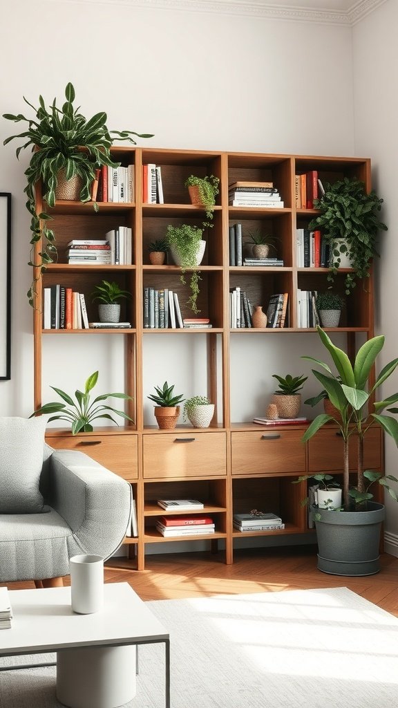 Estantes de esquina de madera con libros y plantas decorativas en una sala de estar.