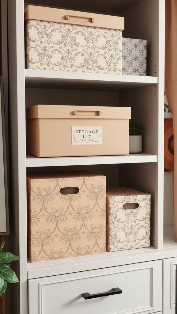 Cajas de cartón decorativas en estantería