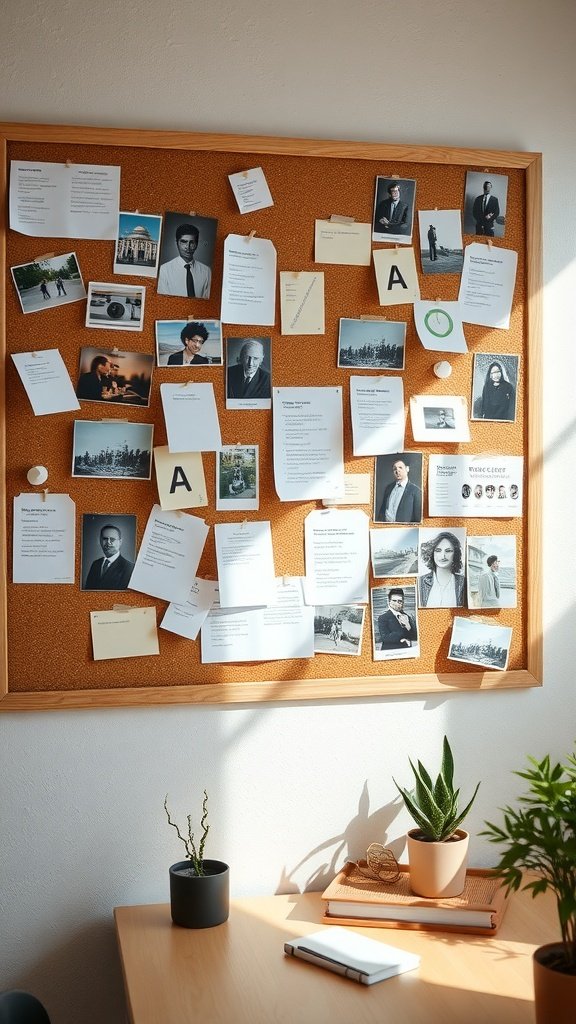 Tablero de corcho con fotos y notas organizadas en una pared.