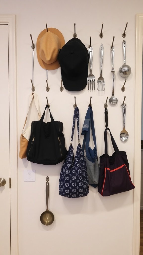 Ganchos en la pared sosteniendo sombreros, utensilios de cocina y bolsas.