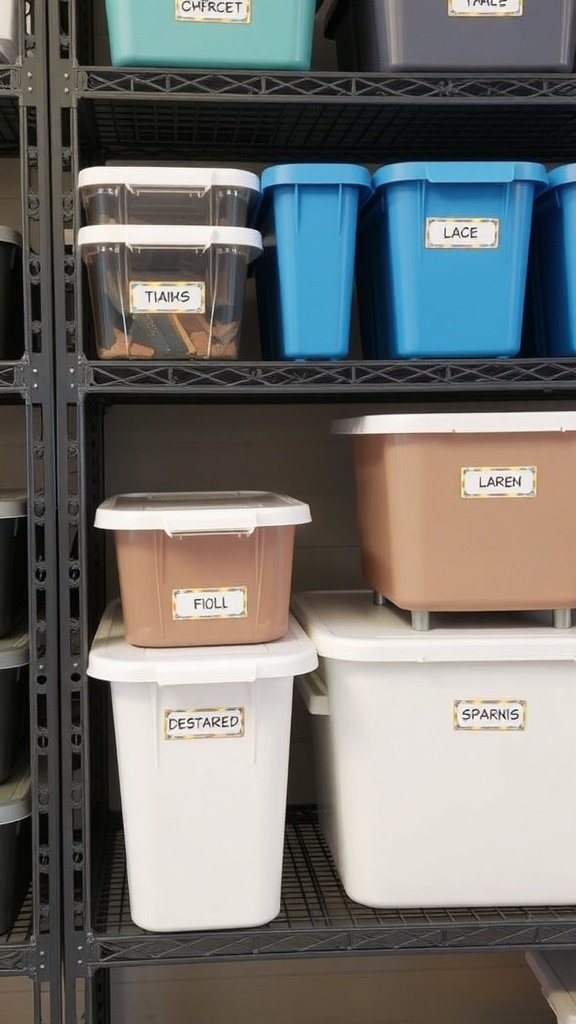 Estantes con cajas de almacenamiento etiquetadas.