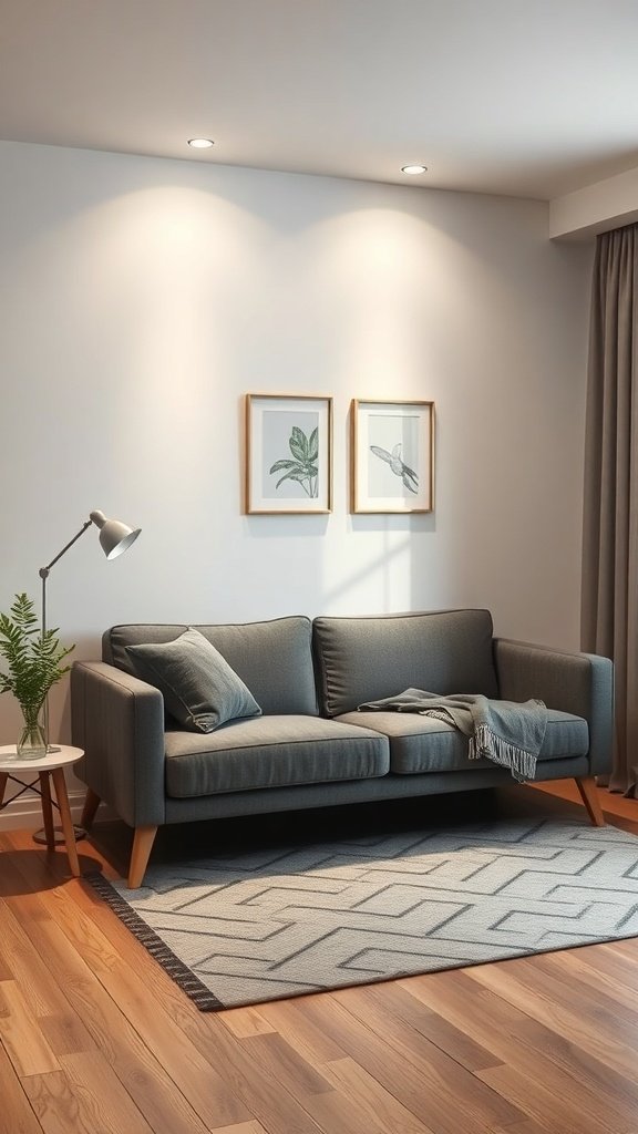Un sofá gris moderno en una sala de estar minimalista con luz natural.