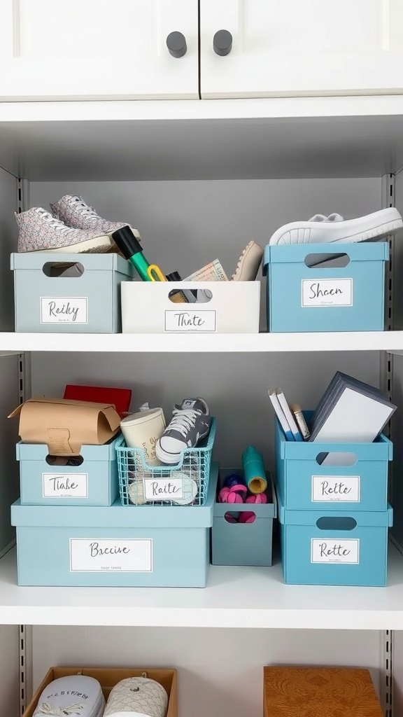 Estantería con cajas de zapatos organizadas y etiquetadas, conteniendo diversos artículos.