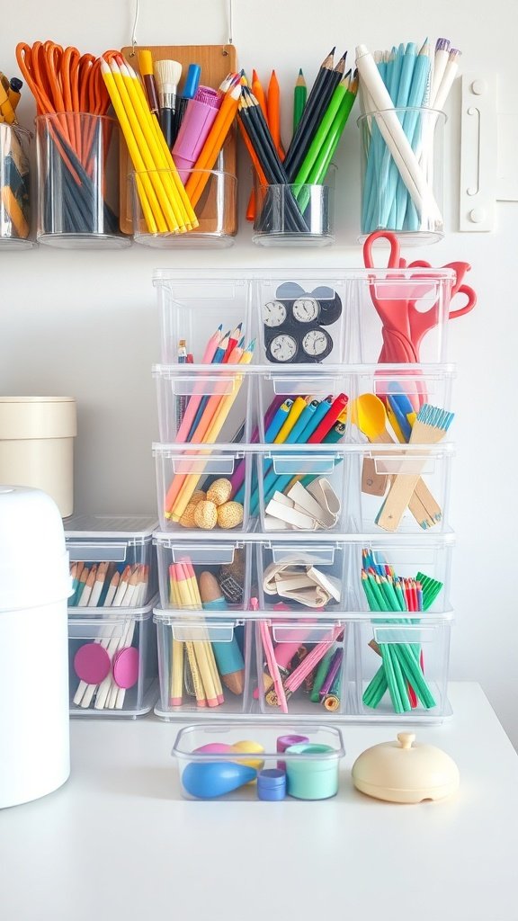Contenedores transparentes organizando útiles de oficina y manualidades.