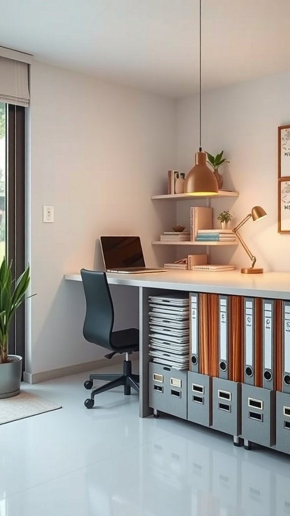 Oficina minimalista con un sistema de archivo organizado