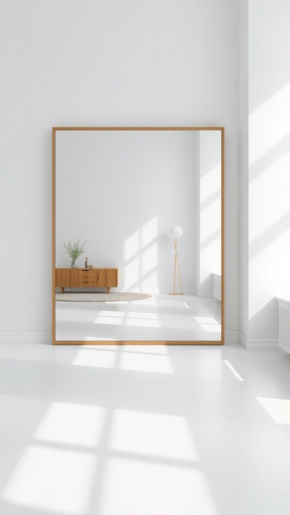 Espejo grande en una habitación minimalista con luz natural.