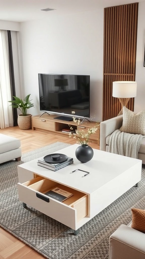 Mesa de centro blanca con cajones abiertos, decorada con un libro y un objeto decorativo, en una sala moderna.