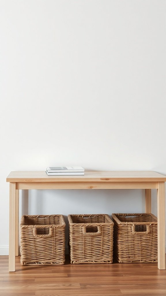 Mesa de madera con cestas de almacenamiento debajo.