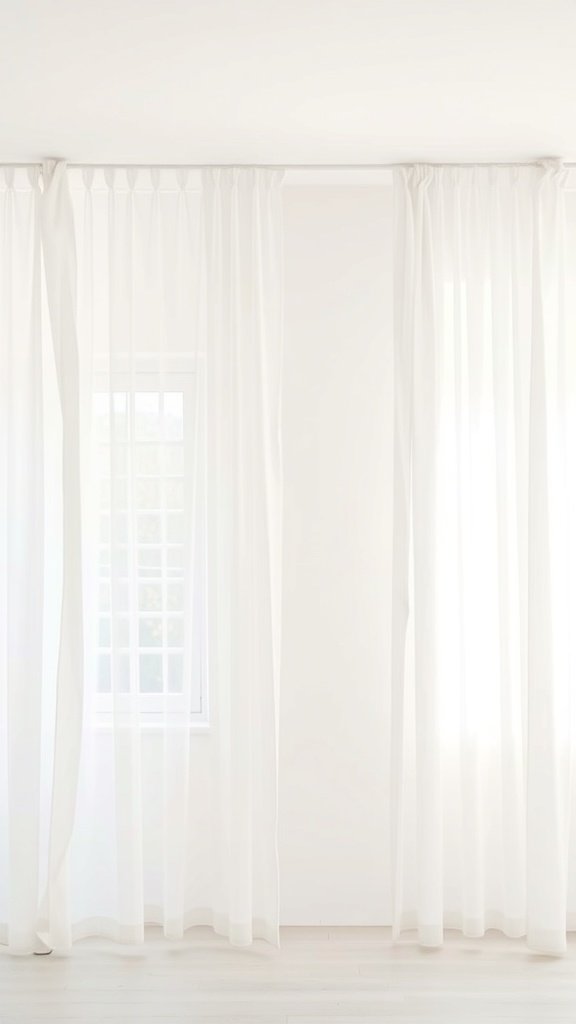 Cortinas blancas que dividen un espacio en una habitación minimalista.